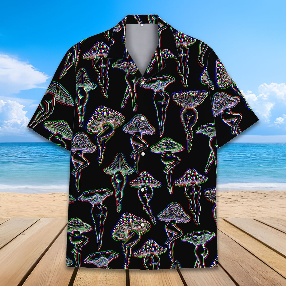 Close-up front view of the abstract mushroom hawaiian shirt pattern