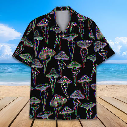 Close-up front view of the abstract mushroom hawaiian shirt pattern