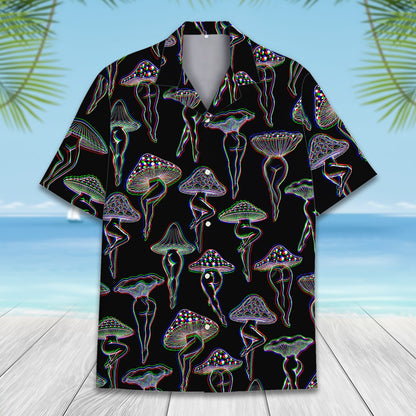 Psychedelic mushroom hawaiian shirt featuring a 3D glitch effect on a black background, third main view