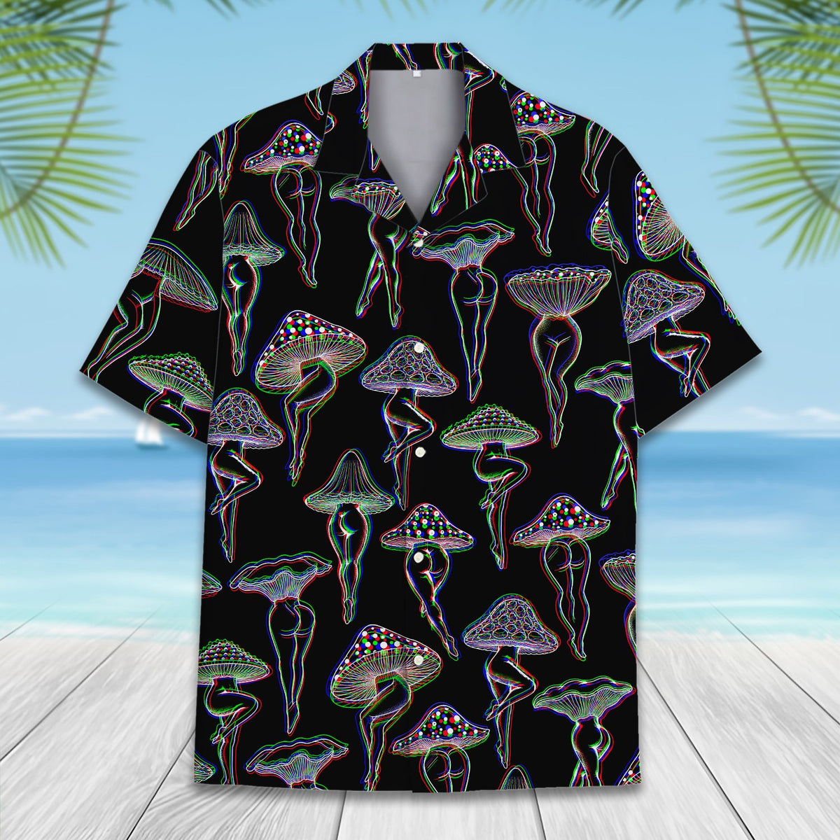 Front view of the abstract mushroom hawaiian shirt
