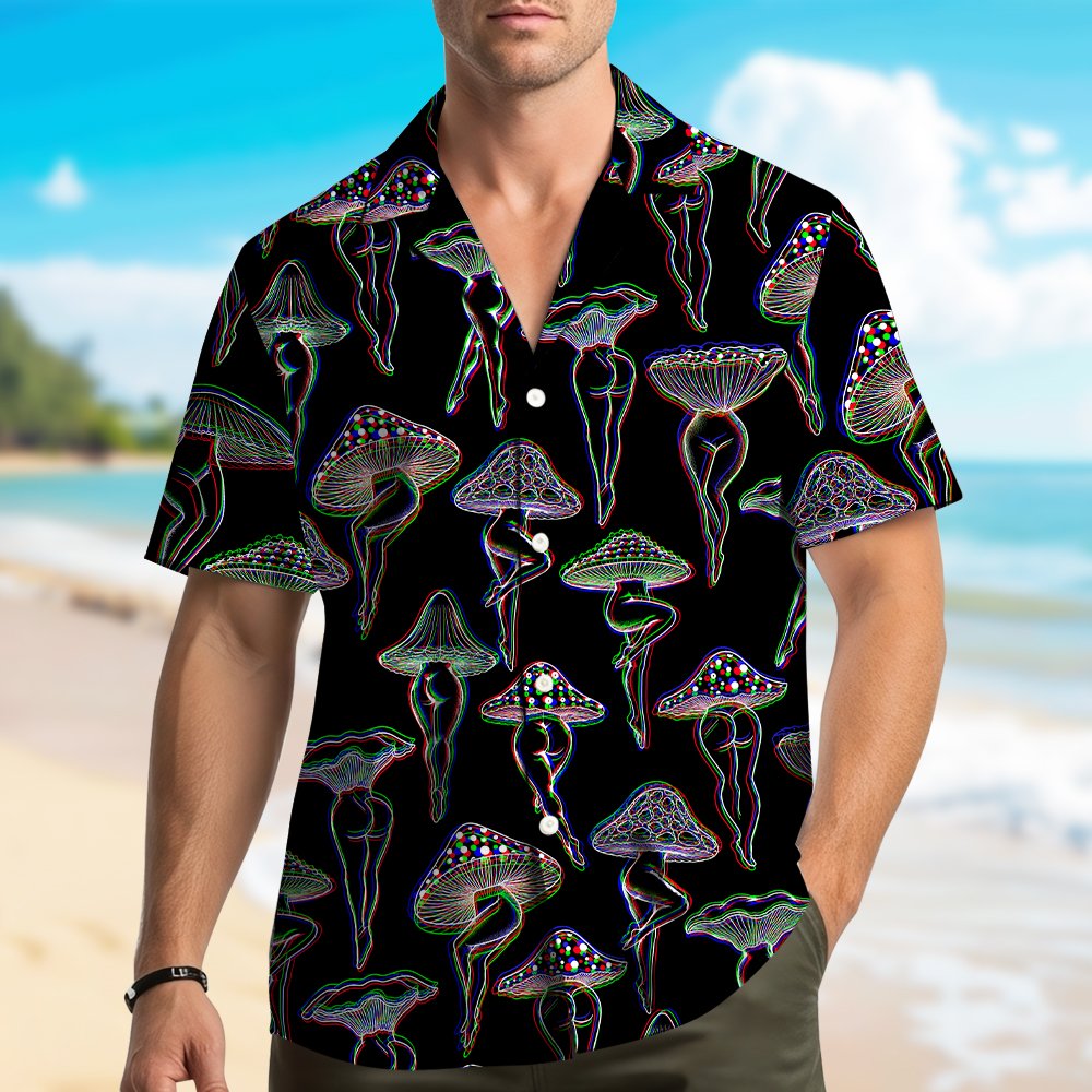 Alternate lifestyle view of an adult wearing the psychedelic mushroom hawaiian shirt