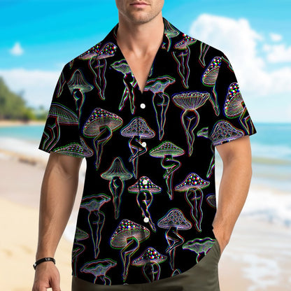 Alternate lifestyle view of an adult wearing the psychedelic mushroom hawaiian shirt