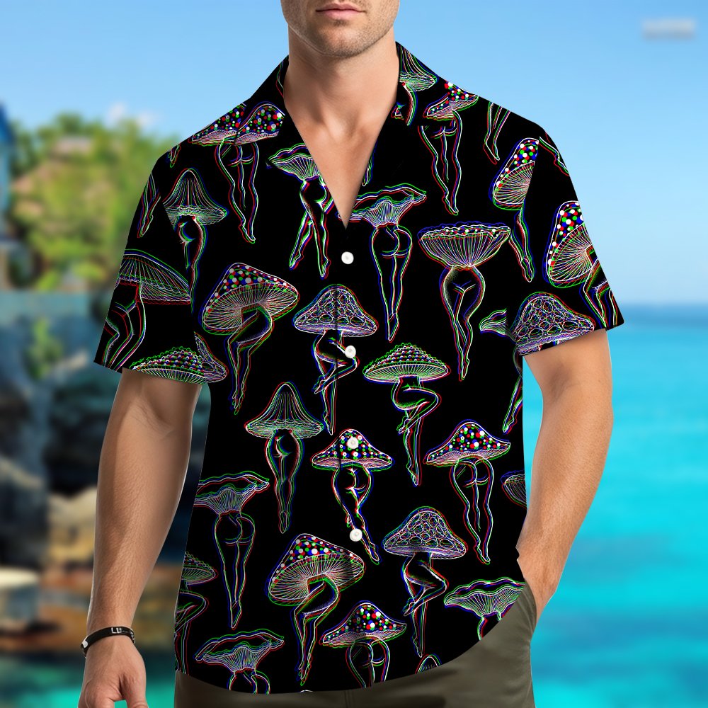 Third lifestyle view of an adult wearing the psychedelic mushroom hawaiian shirt