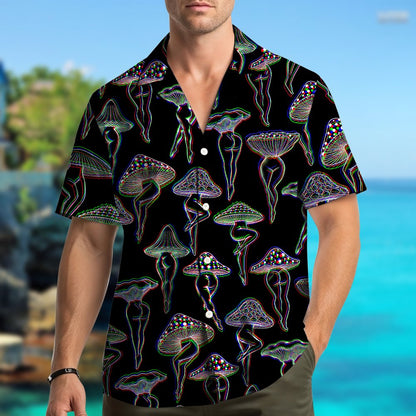 Third lifestyle view of an adult wearing the psychedelic mushroom hawaiian shirt