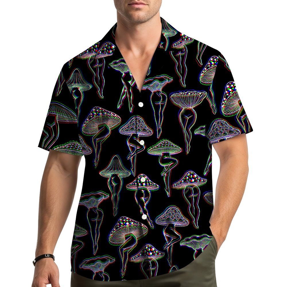 Lifestyle view of an adult wearing the psychedelic mushroom hawaiian shirt