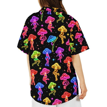 Secondary back view of the psychedelic mushroom hawaiian shirt