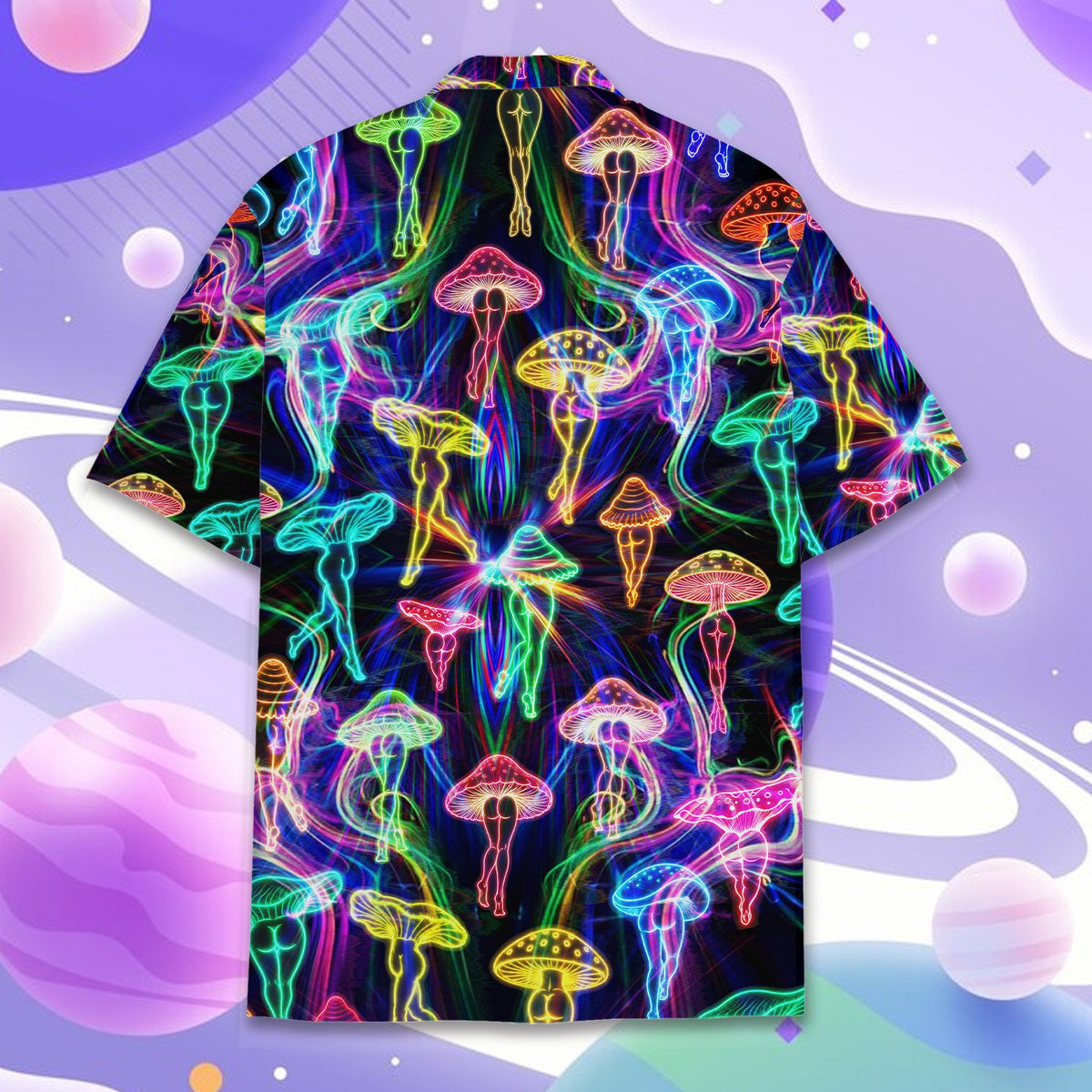Back angle showing the continuous abstract pattern on the hawaiian shirt