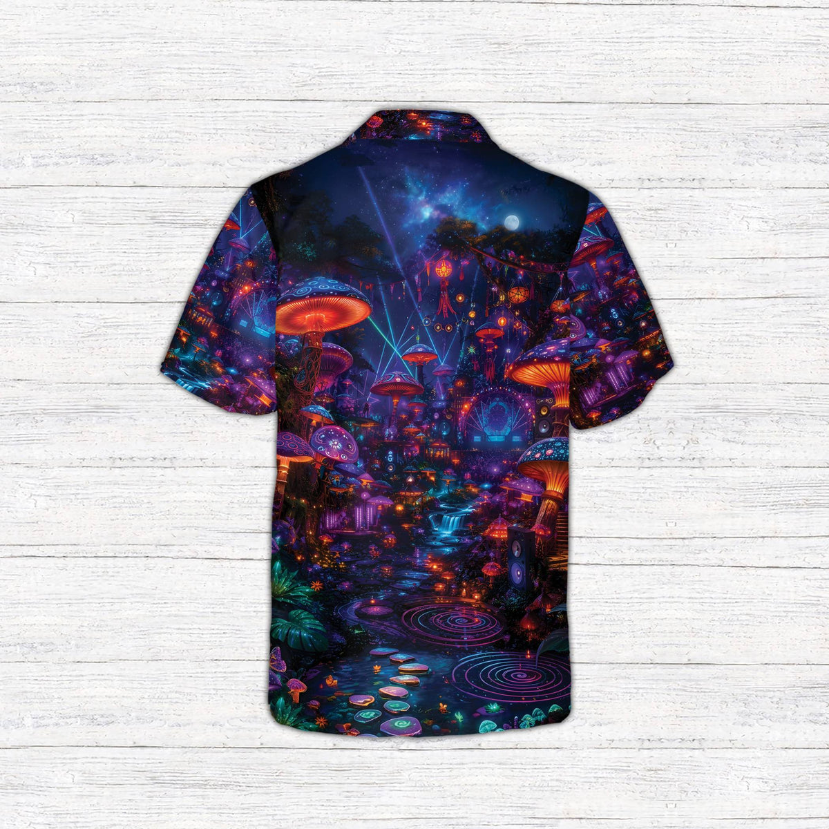 Back view of the vibrant purple psychedelic hawaiian shirt