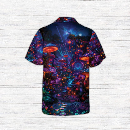 Back view of the vibrant purple psychedelic hawaiian shirt