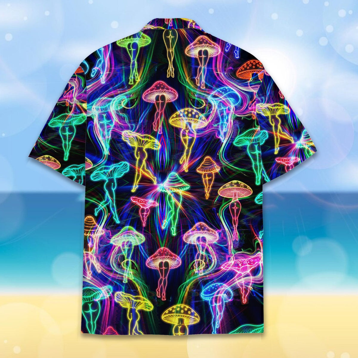 Detailed back view of the black and multicolor neon pattern