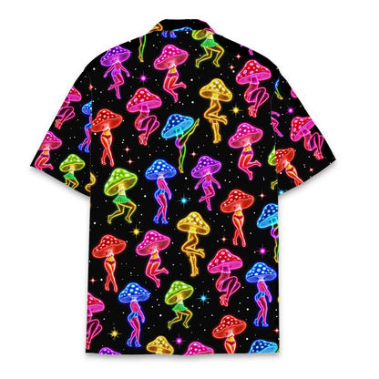 Back view of the vibrant psychedelic mushroom hawaiian shirt