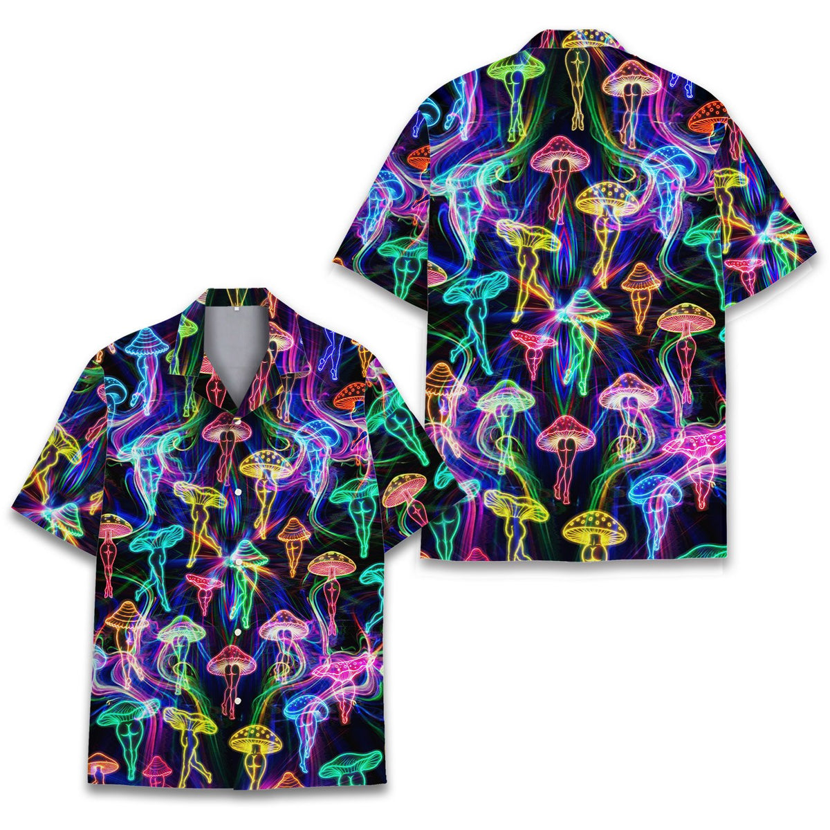 Back view of the vibrant psychedelic mushroom hawaiian shirt