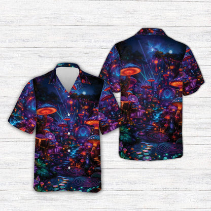 Purple psychedelic hawaiian shirt with glowing mushroom print on a dark background, main view