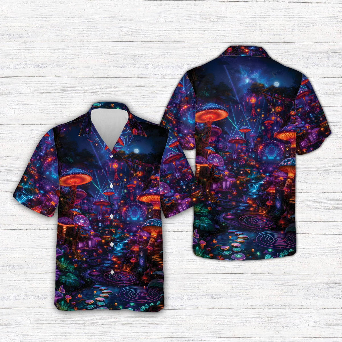 Front detail of the psychedelic mushroom matching family hawaiian shirt