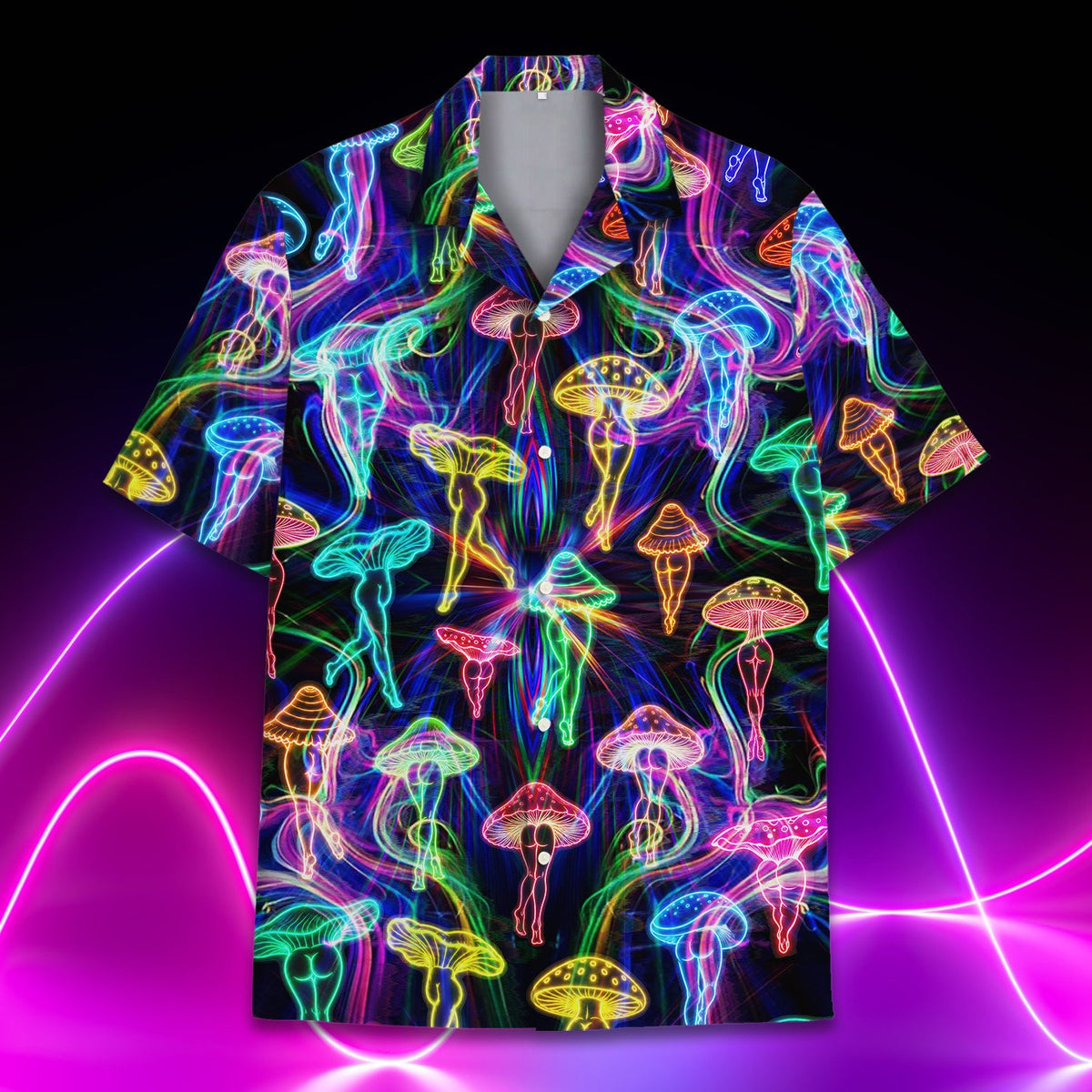 Close up front view of the neon mushroom outlines on the hawaiian shirt