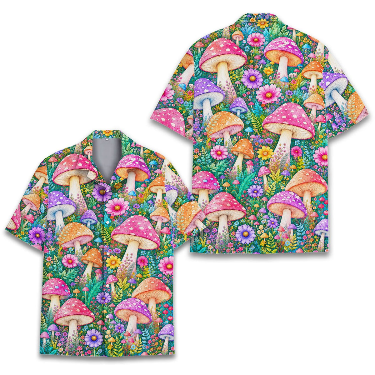 Front view of the vibrant psychedelic hawaiian shirt featuring colorful mushrooms and flowers on a teal background