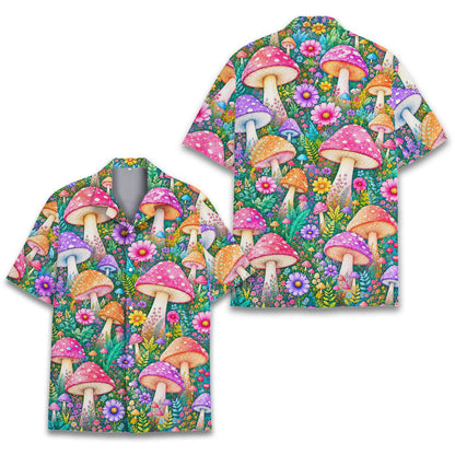 Front view of the vibrant psychedelic hawaiian shirt featuring colorful mushrooms and flowers on a teal background