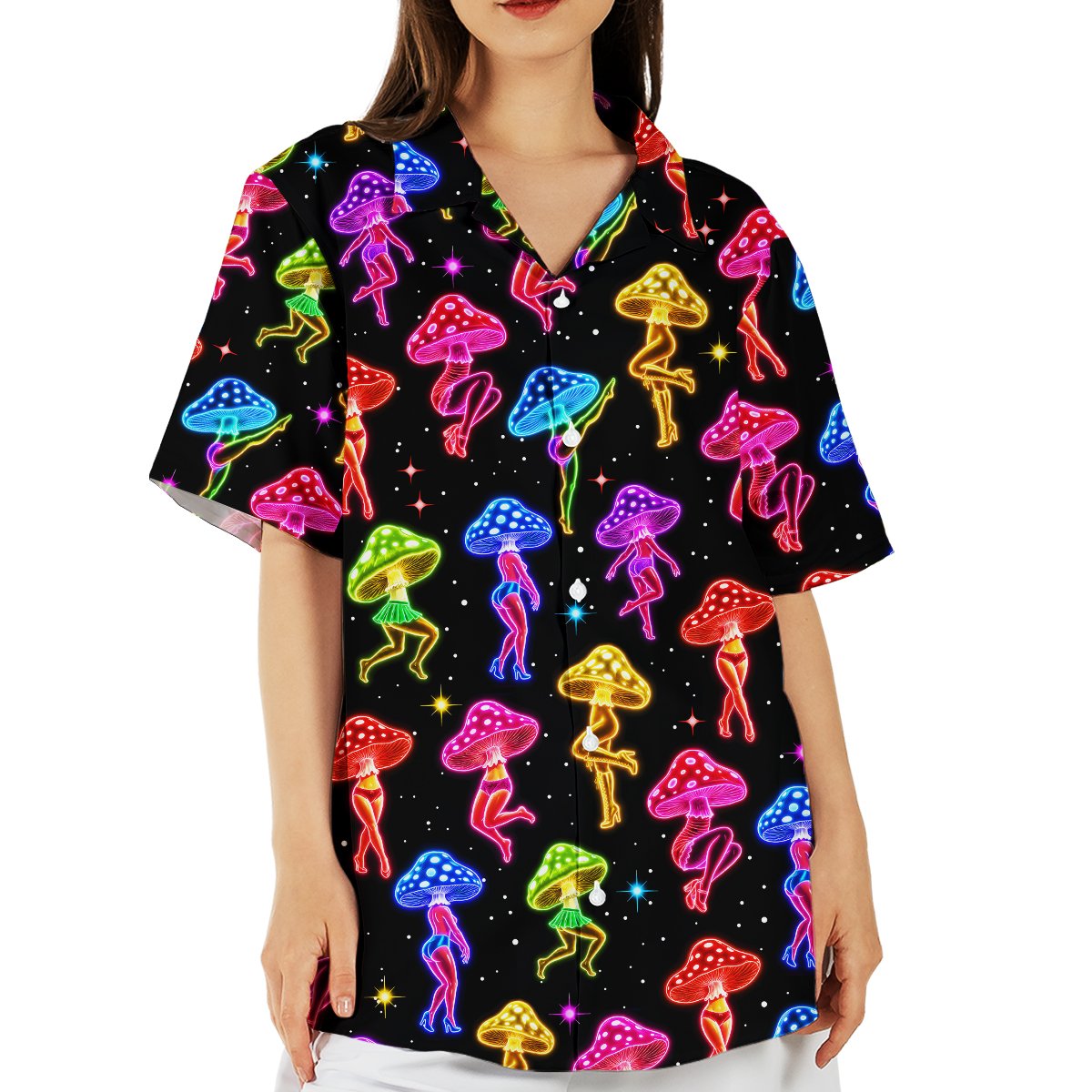 Main view of the psychedelic mushroom hawaiian shirt featuring neon colors on a black background