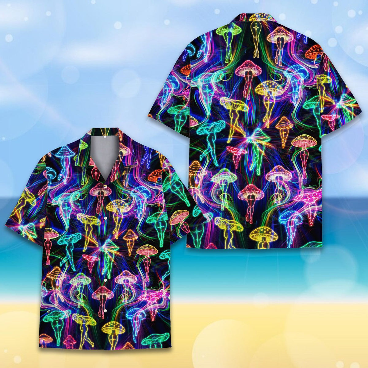 Front view of the black psychedelic hawaiian shirt featuring glowing mushroom figures