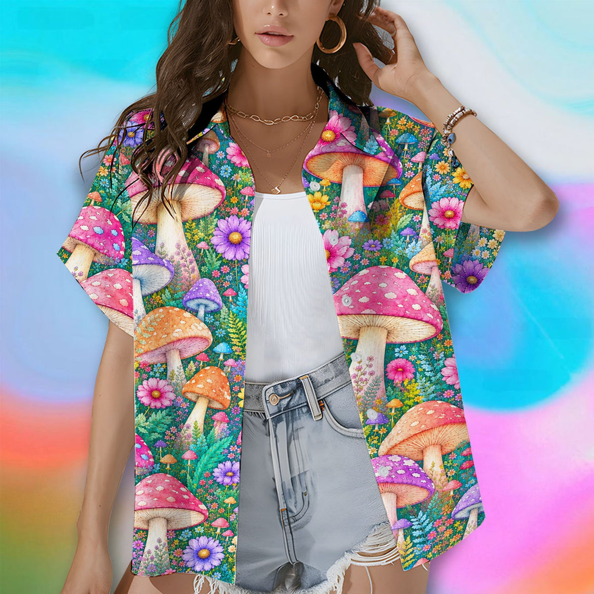 Lifestyle view showing the detailed psychedelic mushroom pattern on the shirt