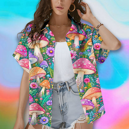 Lifestyle view showing the detailed psychedelic mushroom pattern on the shirt