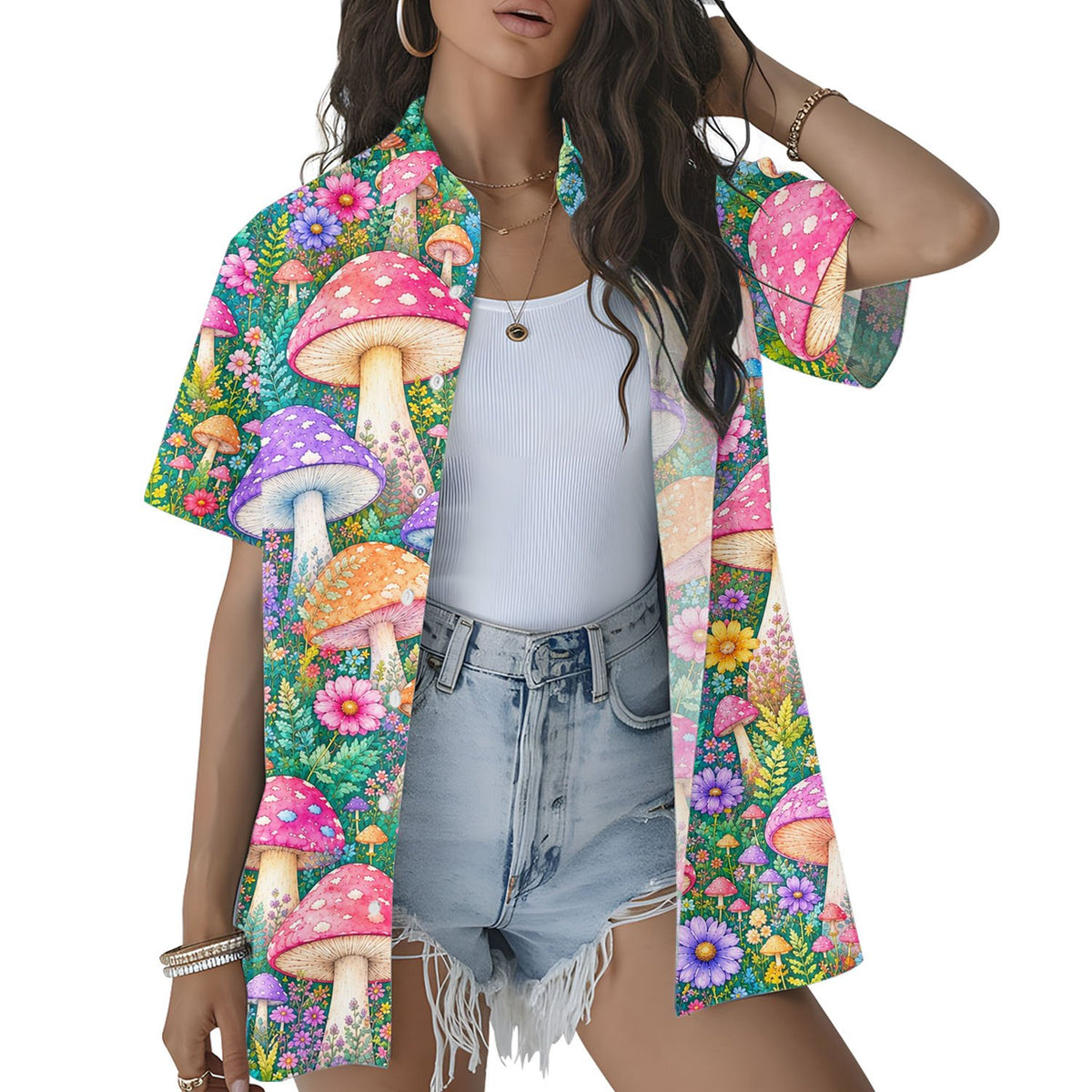 Lifestyle shot of the floral hawaiian shirt with vibrant red and purple mushrooms