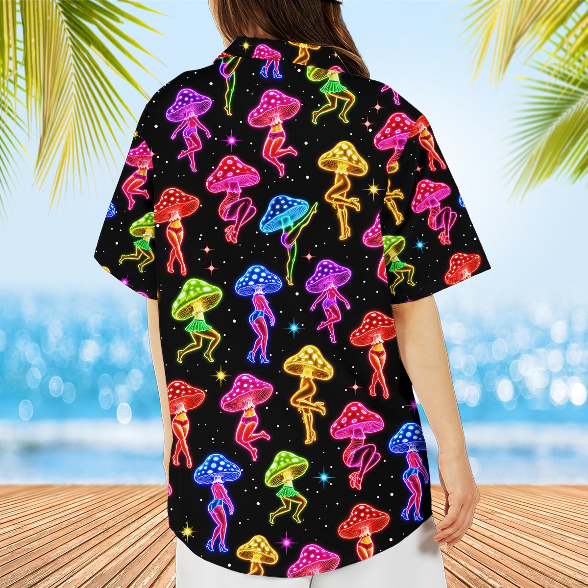 Fifth lifestyle view displaying the colorful mushroom pattern on black