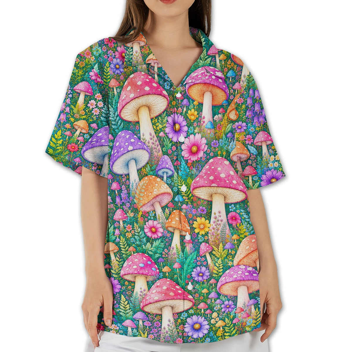 Lifestyle image displaying the button-down detail of the matching hawaiian shirts