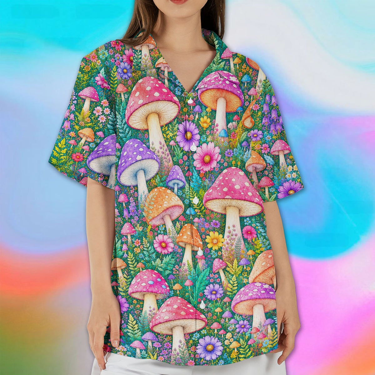 Lifestyle angle highlighting the comfortable fit of the psychedelic hawaiian shirt