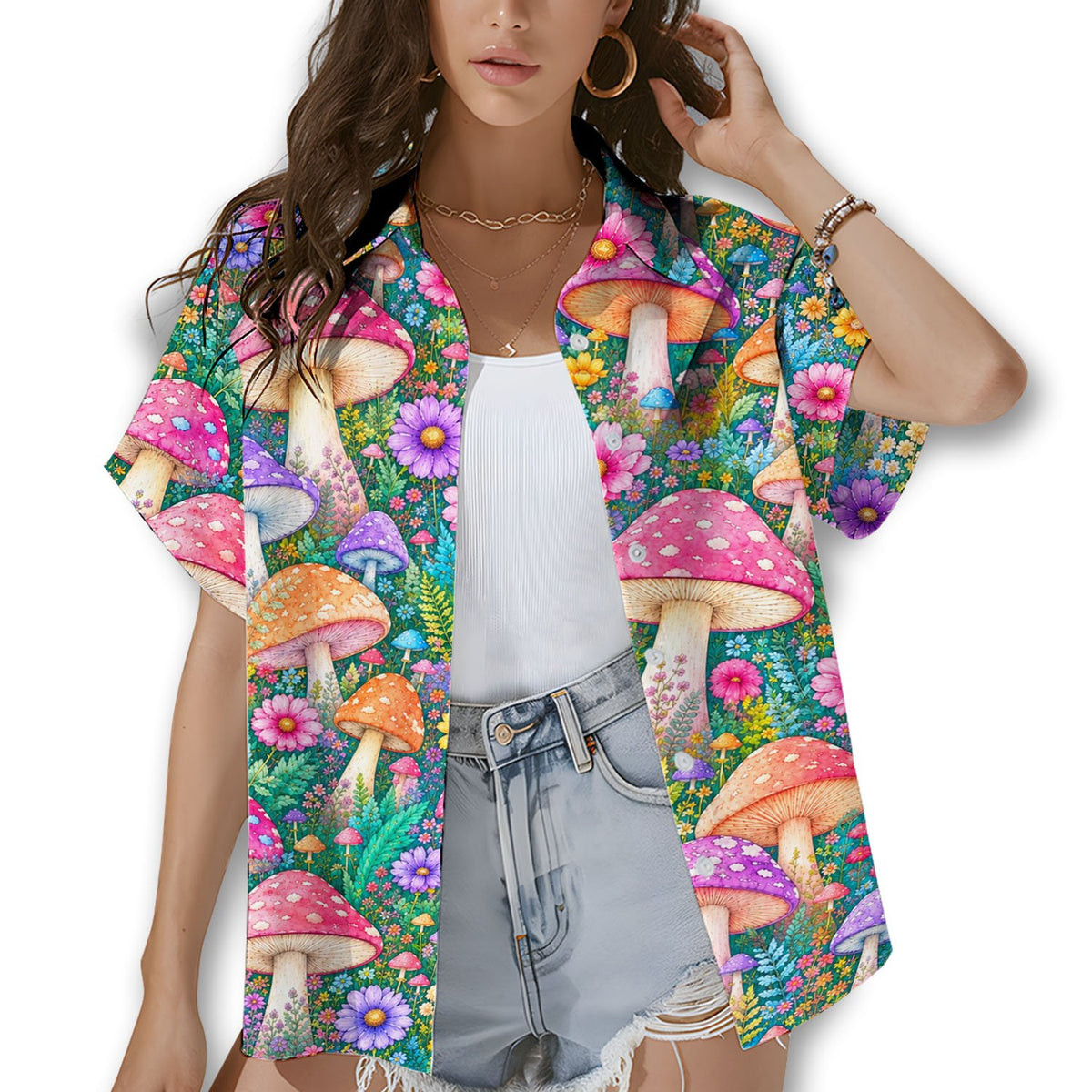Lifestyle view of family wearing matching family hawaiian shirts outdoors