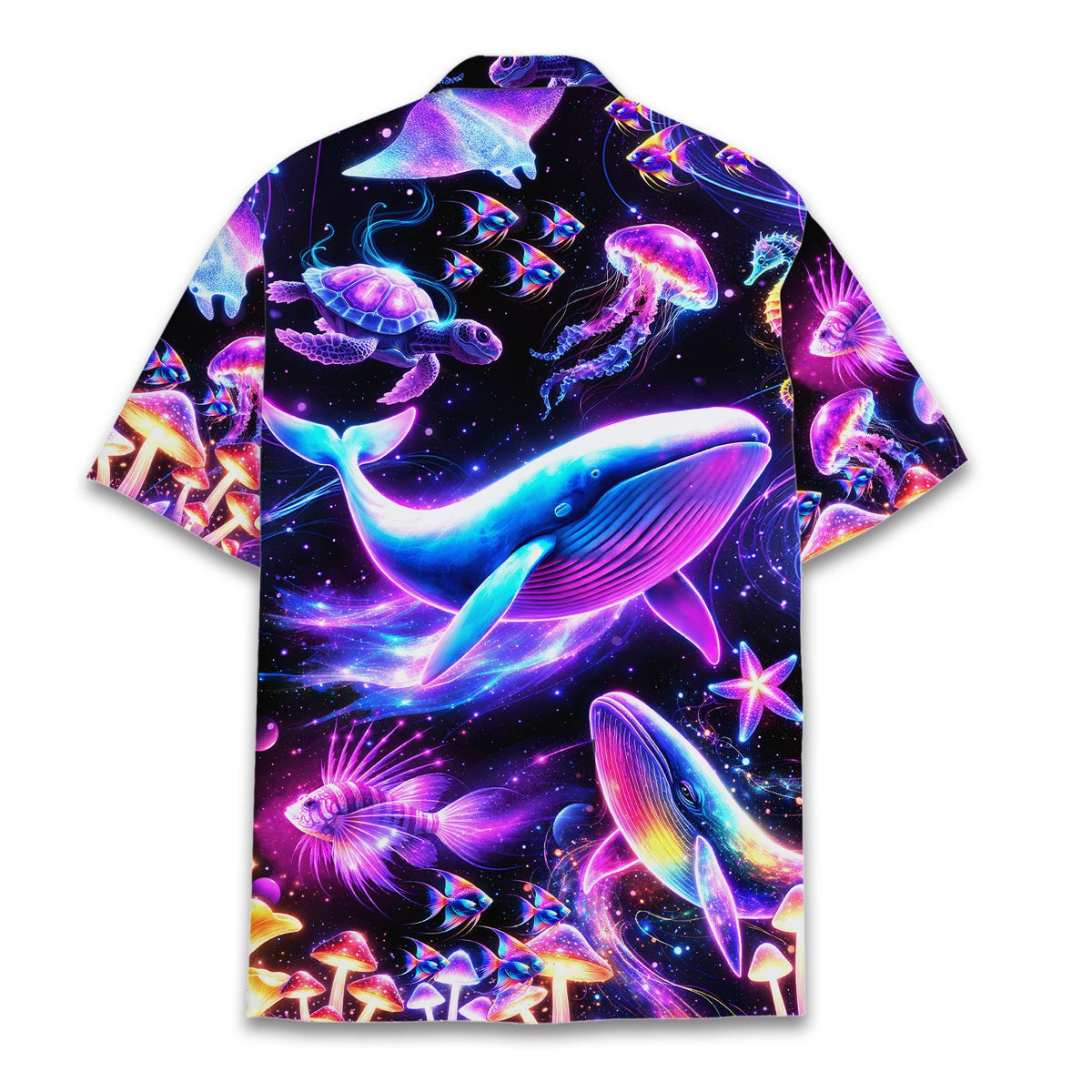 Back view of the psychedelic ocean hawaiian shirt with vibrant sea creatures