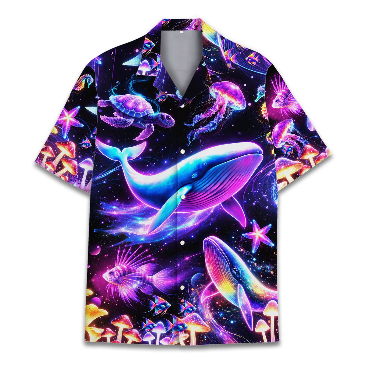 Close-up front view of the psychedelic hawaiian shirt highlighting colorful jellyfish and turtles