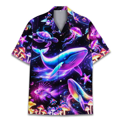 Close-up front view of the psychedelic hawaiian shirt highlighting colorful jellyfish and turtles