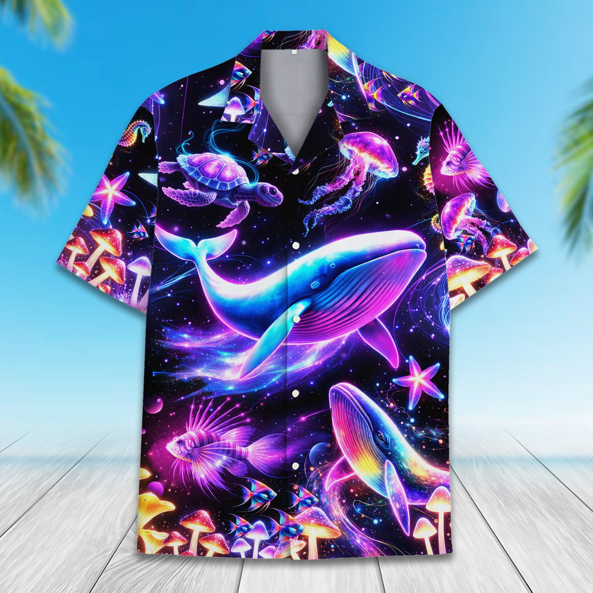 Another front view of the vibrant ocean hawaiian shirt