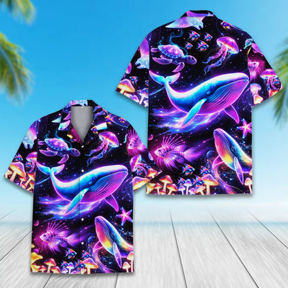 Detailed front view showing the luminous mushroom elements on the shirt