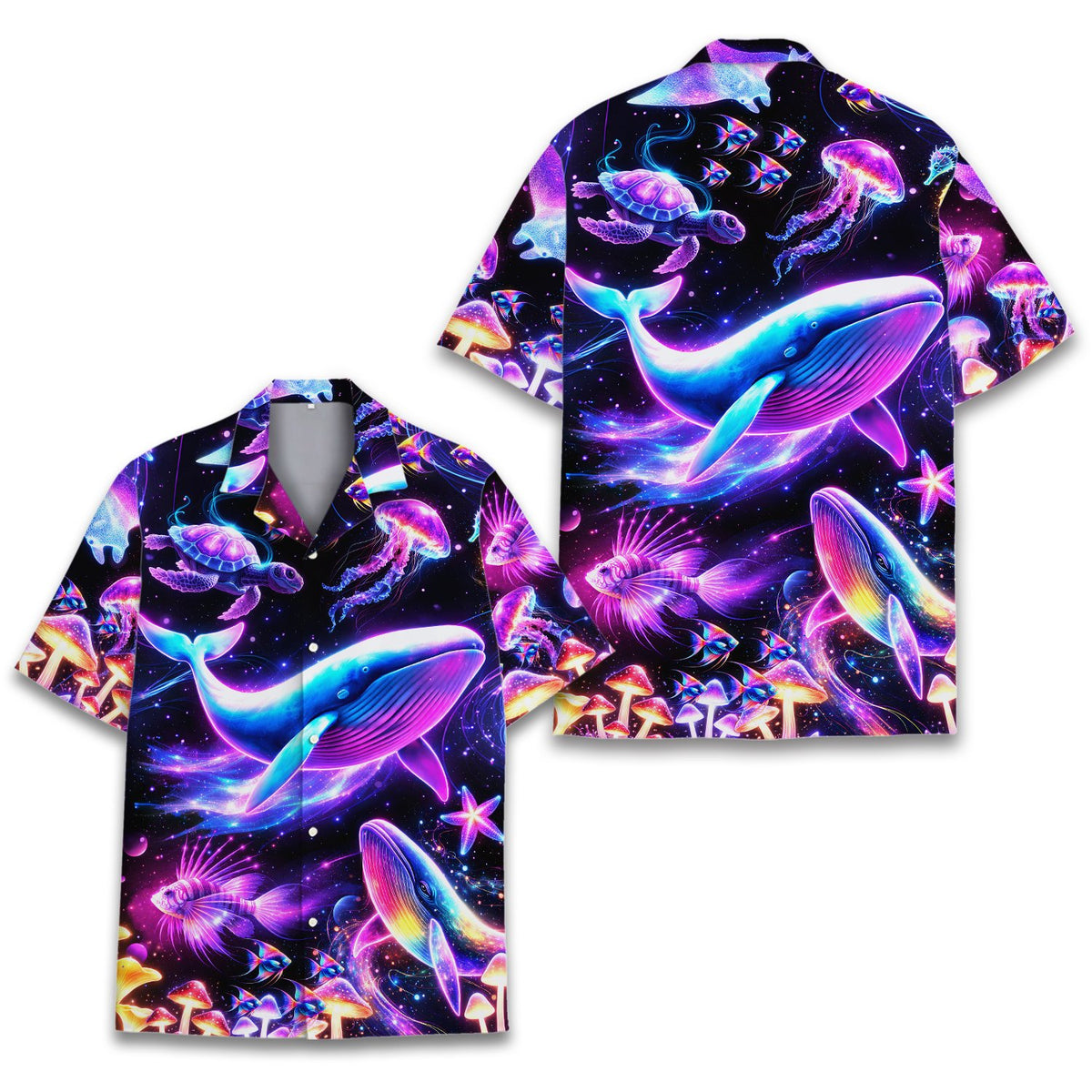 Front view of the matching family hawaiian shirts with a cosmic underwater design