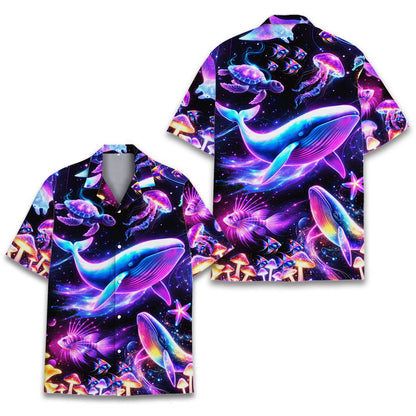 Front view of the matching family hawaiian shirts with a cosmic underwater design