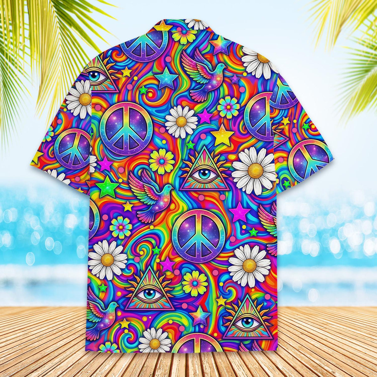 Psychedelic peace hawaiian shirt for matching family, alternate back view