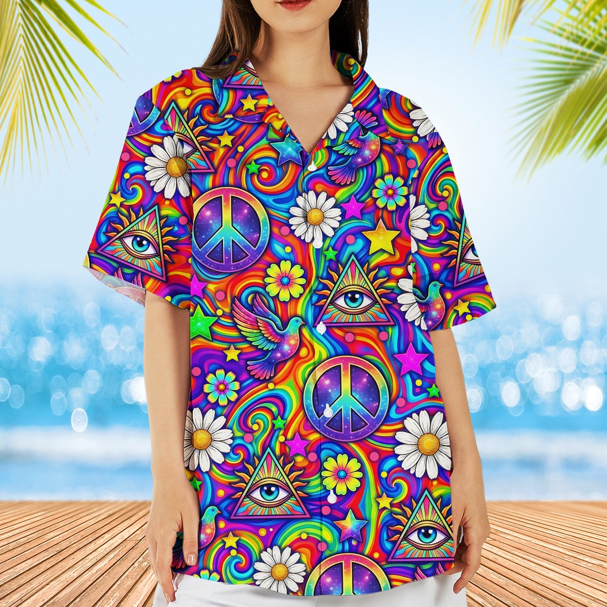 Lifestyle image of the psychedelic peace hawaiian shirt on a person