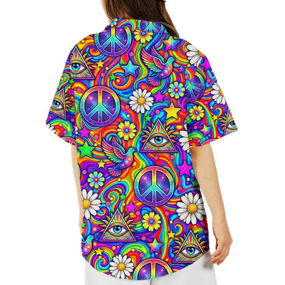 Lifestyle image of the psychedelic peace hawaiian shirt on a person