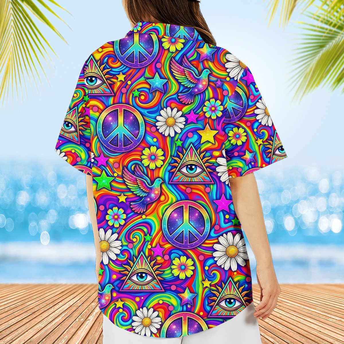 Lifestyle image of the psychedelic peace hawaiian shirt on a person