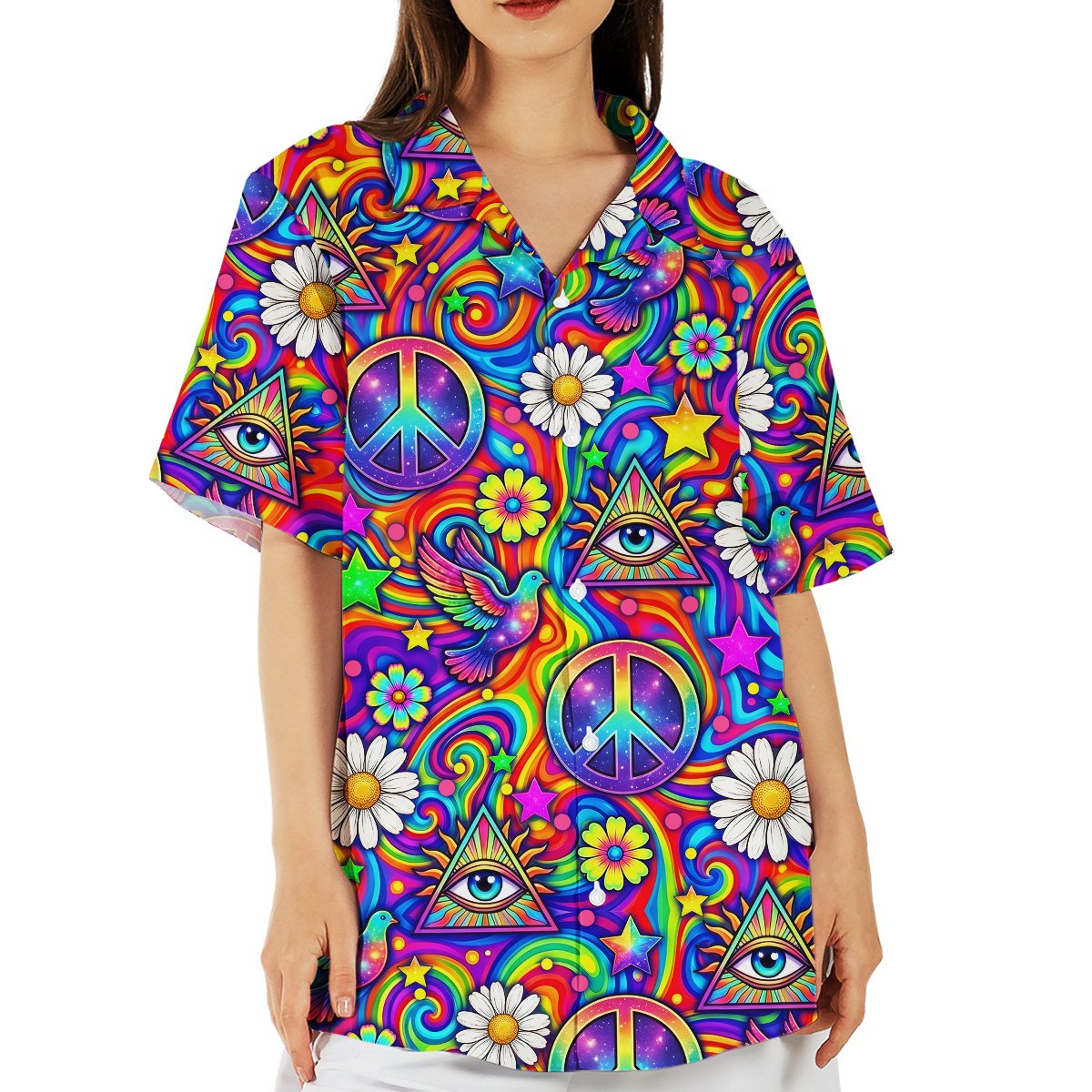 Lifestyle image of the psychedelic peace hawaiian shirt on a person