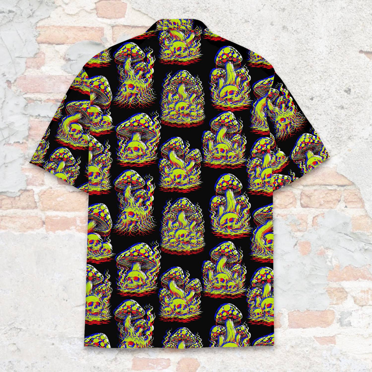 Detailed back view showing the vibrant red, blue, and green skull mushrooms