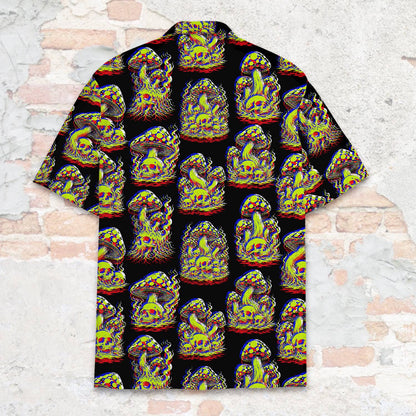 Detailed back view showing the vibrant red, blue, and green skull mushrooms