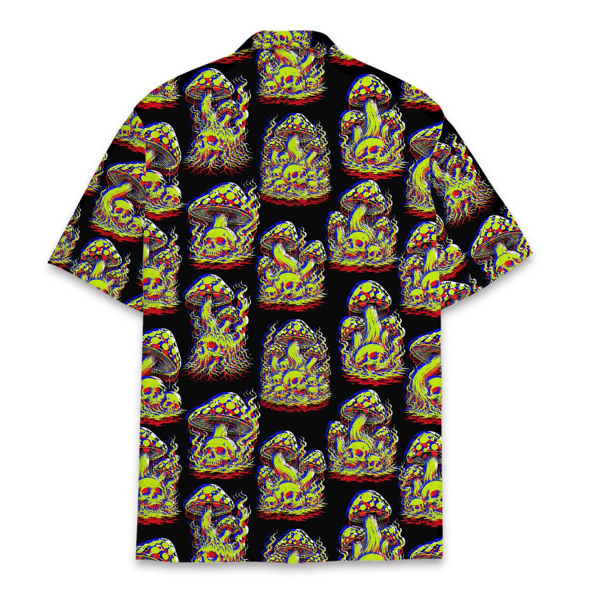 Back view of the glitchy neon skull mushroom hawaiian shirt on black polyester