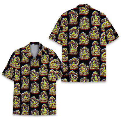Detailed front view of the matching family hawaiian shirts displaying trippy patterns