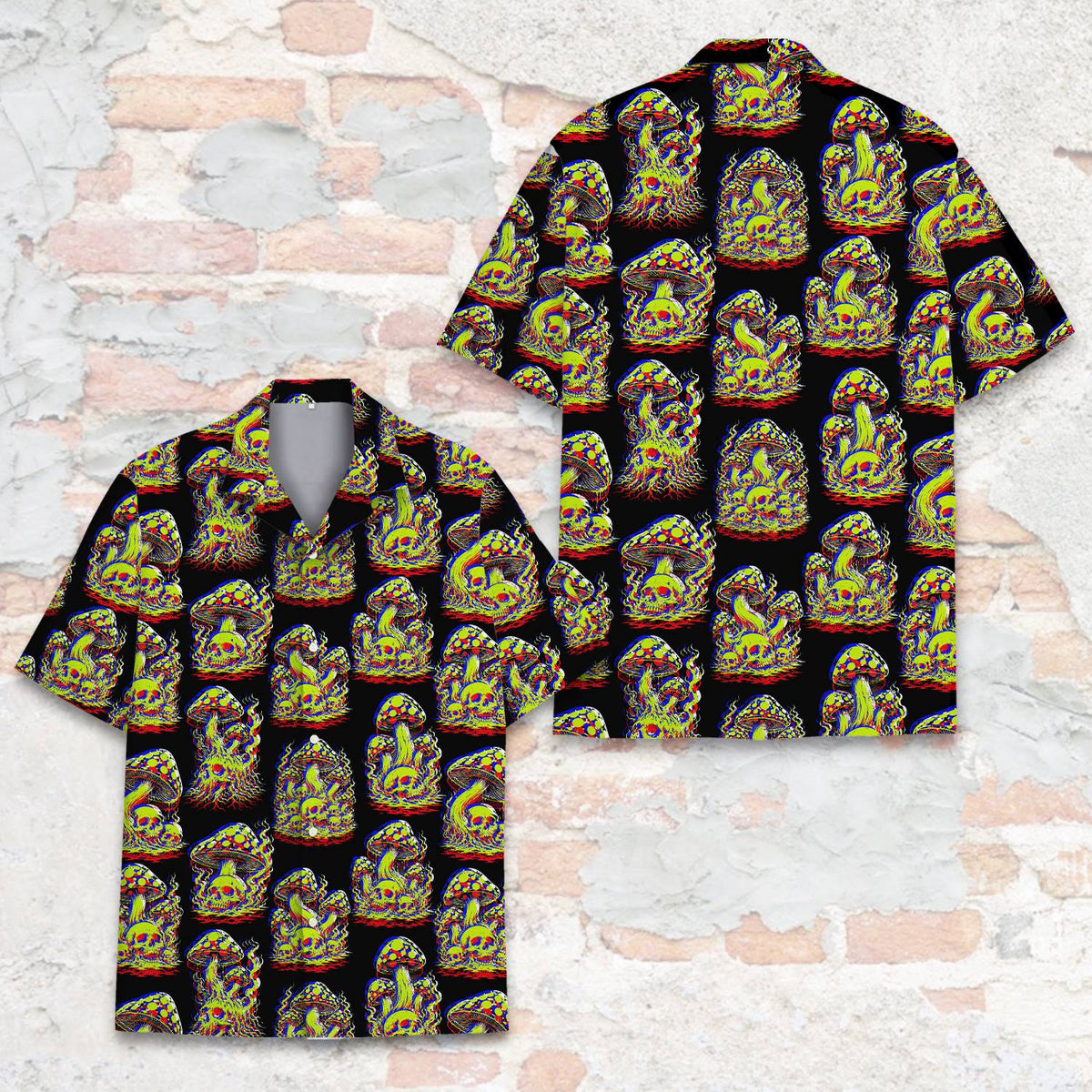 Close-up front view of the psychedelic skull mushroom hawaiian shirt pattern