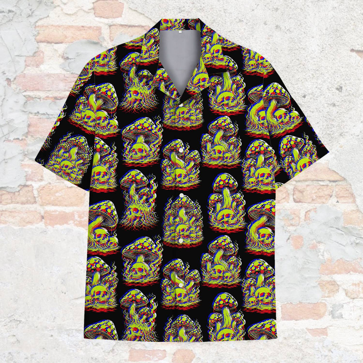 Front view of the black psychedelic hawaiian shirt with neon mushroom skull graphics