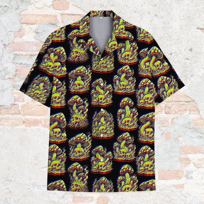 Front view of the black psychedelic hawaiian shirt with neon mushroom skull graphics