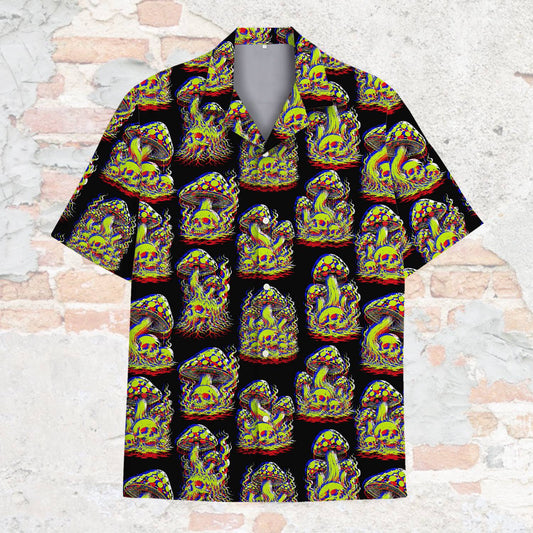 Psychedelic skull mushroom hawaiian shirt featuring a bright glitchy design on a black background, main view